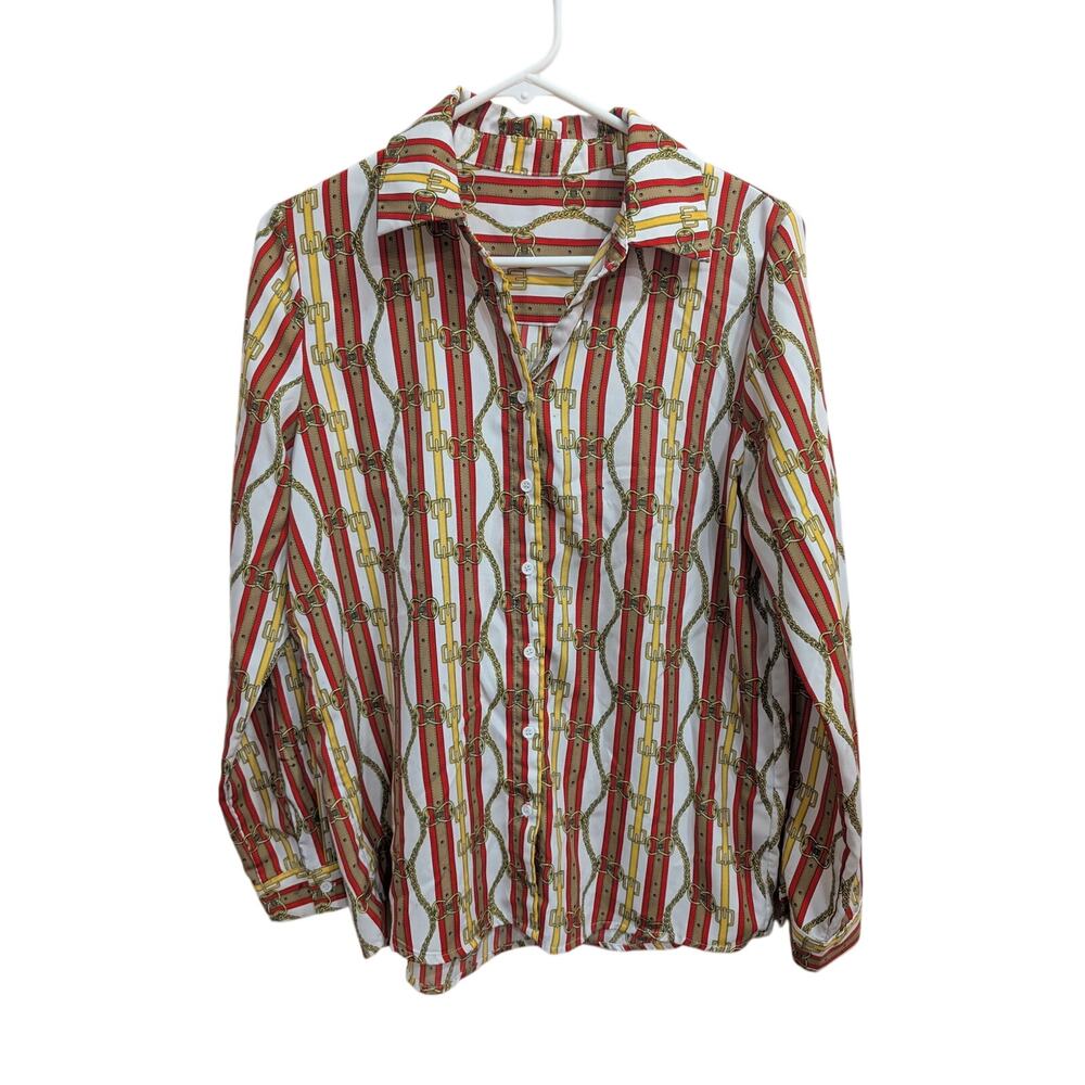 Button up collared belt print shirt in red, gold, white & black by Ovi, Large